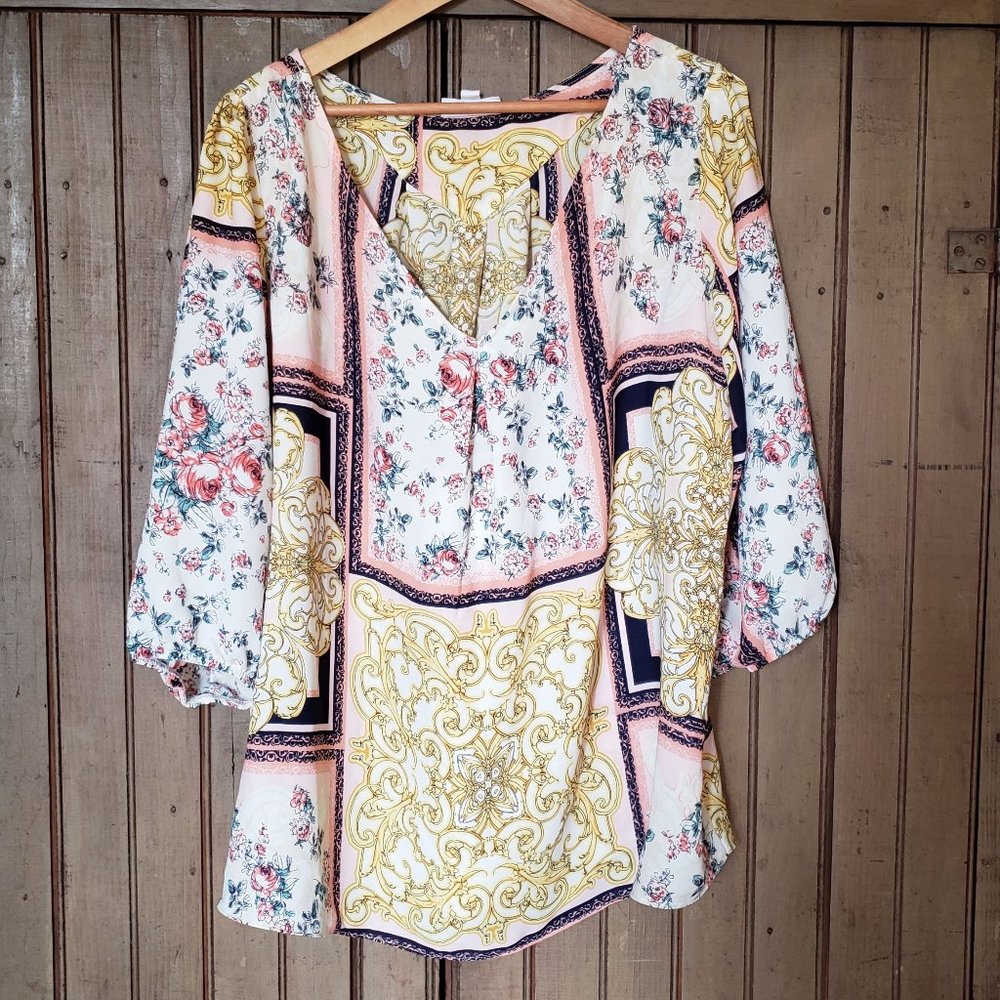 Plus-Size Bohemian "Scarf-Print" Blouse, 2X